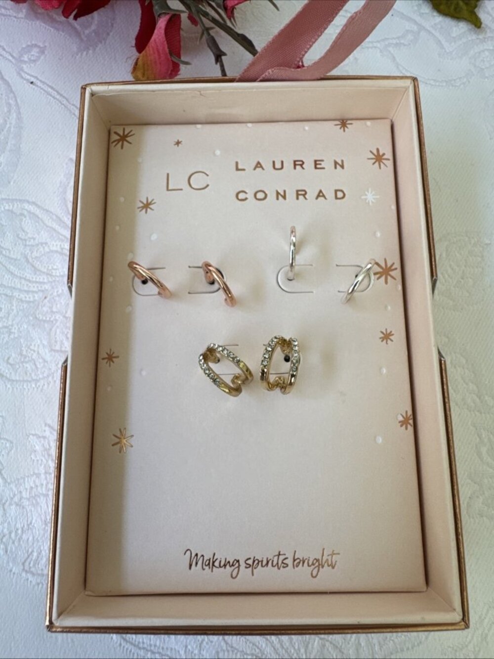 LC Lauren Conrad Gift Set 3 Pairs Multicolor Rhinestone Small Hoop Earrings NEW